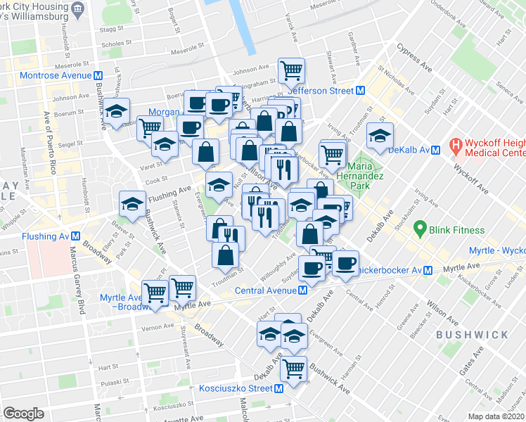 map of restaurants, bars, coffee shops, grocery stores, and more near 69 Melrose Street in Brooklyn