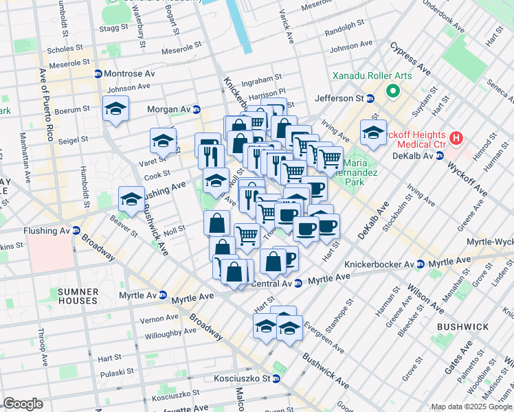 map of restaurants, bars, coffee shops, grocery stores, and more near 69 Melrose Street in Brooklyn
