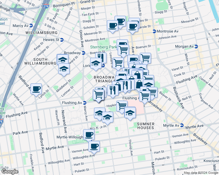 map of restaurants, bars, coffee shops, grocery stores, and more near 39 Bartlett Street in Brooklyn