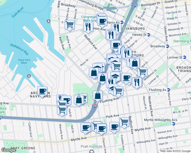 map of restaurants, bars, coffee shops, grocery stores, and more near 35 Williamsburg Street West in Brooklyn