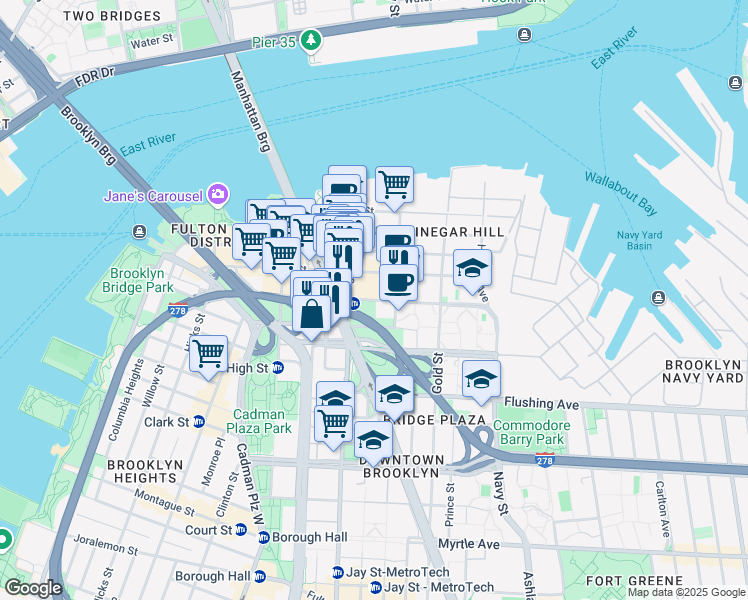 map of restaurants, bars, coffee shops, grocery stores, and more near 121 York Street in Brooklyn