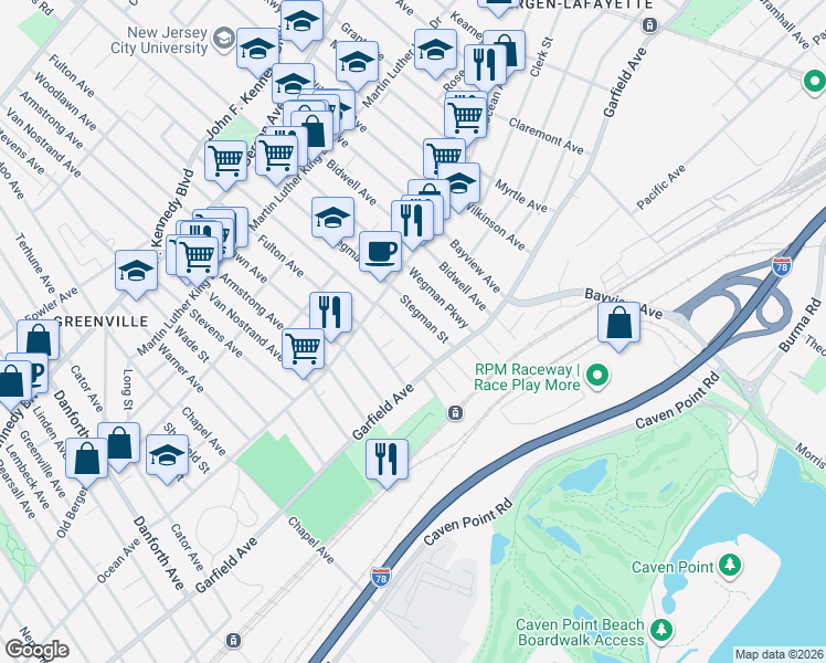 map of restaurants, bars, coffee shops, grocery stores, and more near 17 Bayside Place in Jersey City