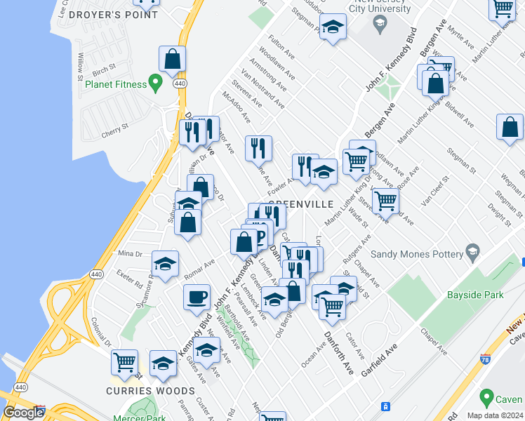 map of restaurants, bars, coffee shops, grocery stores, and more near 283 Danforth Avenue in Jersey City