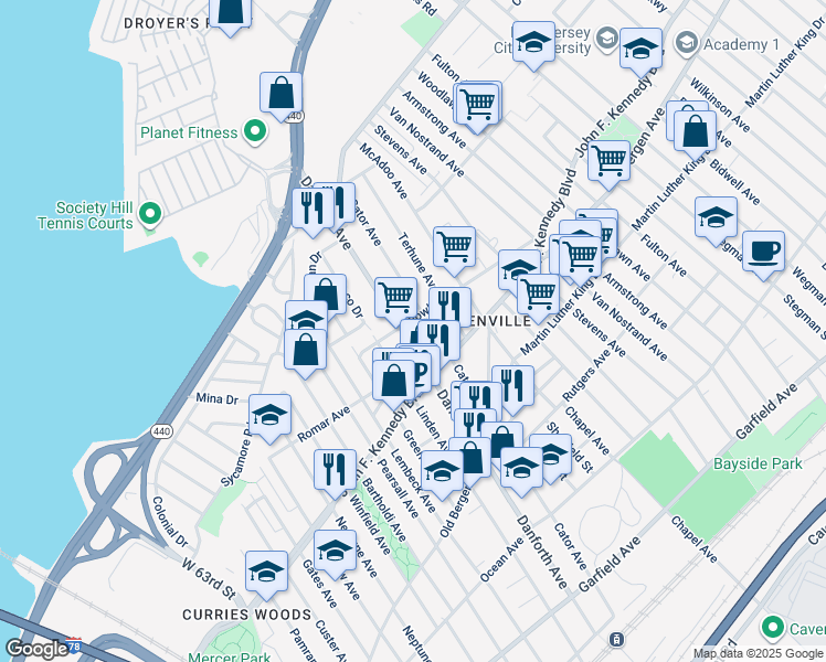 map of restaurants, bars, coffee shops, grocery stores, and more near 283 Danforth Avenue in Jersey City
