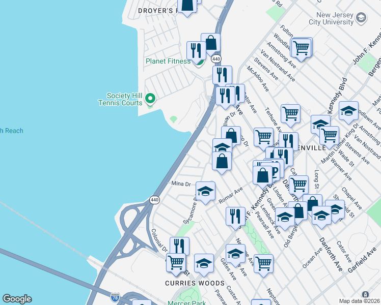 map of restaurants, bars, coffee shops, grocery stores, and more near 14 Pinecrest Road in Jersey City