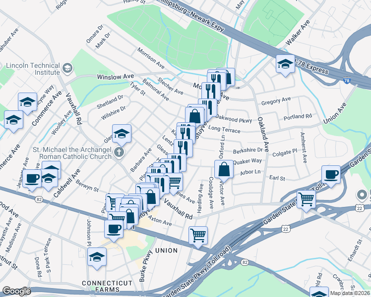 map of restaurants, bars, coffee shops, grocery stores, and more near in Union