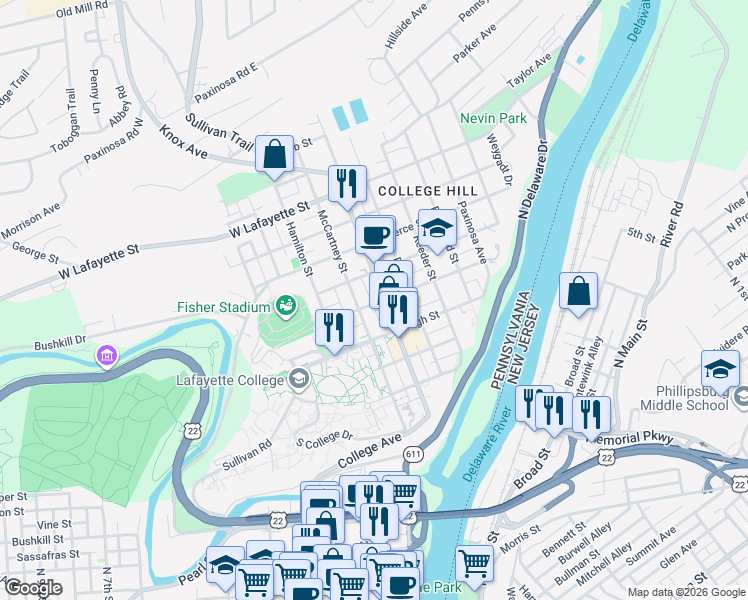 map of restaurants, bars, coffee shops, grocery stores, and more near 333 McCartney Street in Easton
