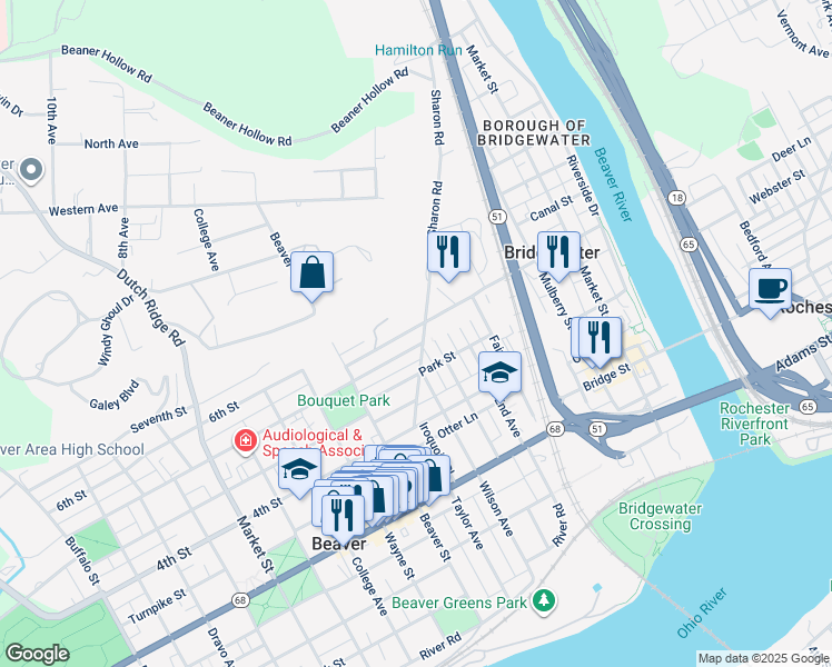 map of restaurants, bars, coffee shops, grocery stores, and more near 328 5th Street in Beaver