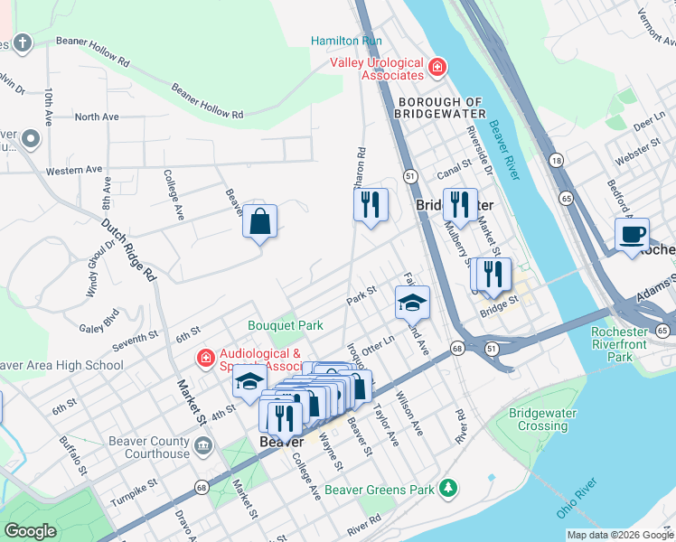 map of restaurants, bars, coffee shops, grocery stores, and more near 328 5th Street in Beaver