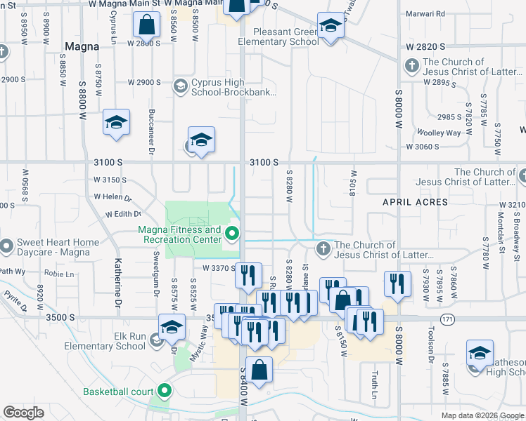 map of restaurants, bars, coffee shops, grocery stores, and more near 8348 West Powell Avenue in Magna