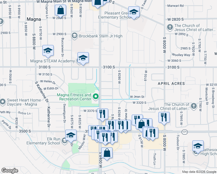 map of restaurants, bars, coffee shops, grocery stores, and more near 8348 West Powell Avenue in Magna