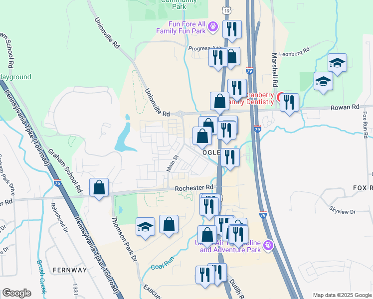 map of restaurants, bars, coffee shops, grocery stores, and more near 3028 Unionville Road in Cranberry Township