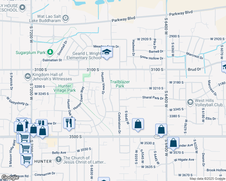 map of restaurants, bars, coffee shops, grocery stores, and more near 3219 Hunter Farm Way in West Valley City