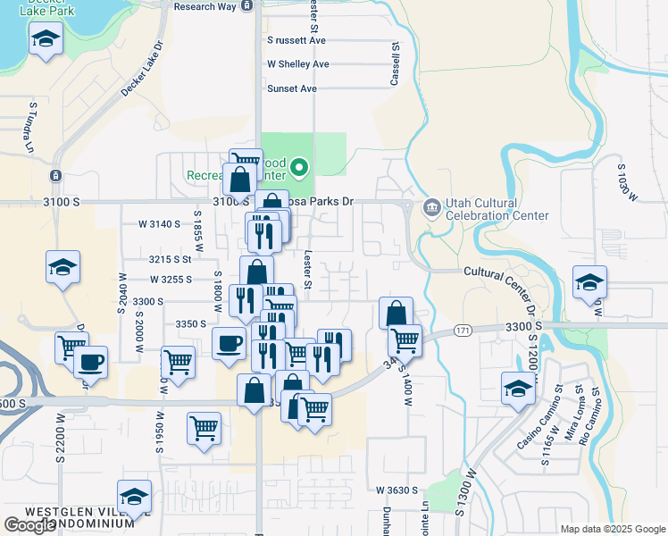 map of restaurants, bars, coffee shops, grocery stores, and more near 3227 Matisse Lane in West Valley City