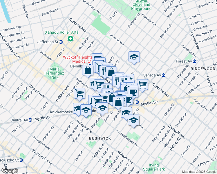 map of restaurants, bars, coffee shops, grocery stores, and more near 1456 Greene Avenue in Brooklyn