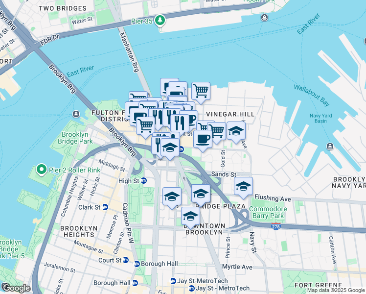 map of restaurants, bars, coffee shops, grocery stores, and more near York Street in Brooklyn