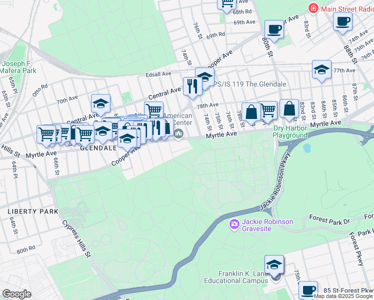 map of restaurants, bars, coffee shops, grocery stores, and more near 72-34 Indiana Avenue in Queens