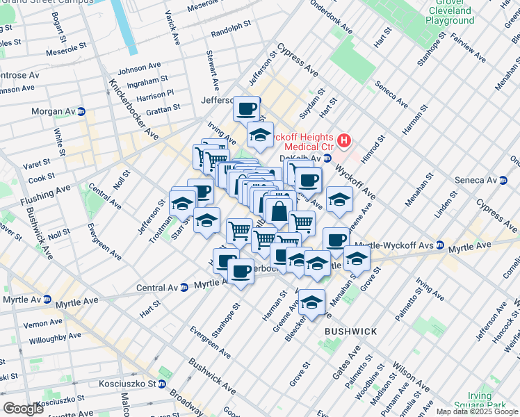 map of restaurants, bars, coffee shops, grocery stores, and more near 319 Knickerbocker Avenue in Brooklyn