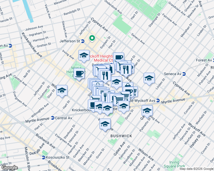 map of restaurants, bars, coffee shops, grocery stores, and more near 184 Irving Avenue in Brooklyn