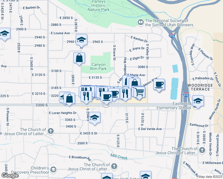 map of restaurants, bars, coffee shops, grocery stores, and more near 3199 South 3075 East in Salt Lake City