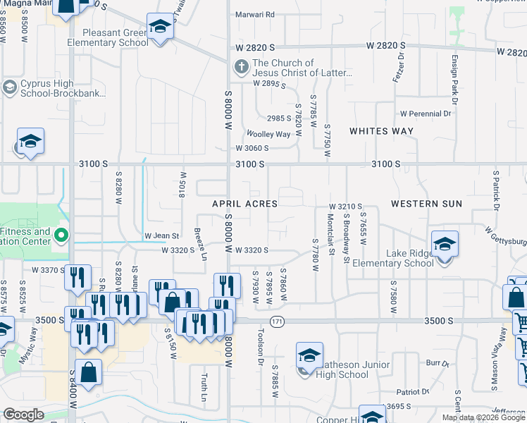 map of restaurants, bars, coffee shops, grocery stores, and more near 3220 7900 West in Magna
