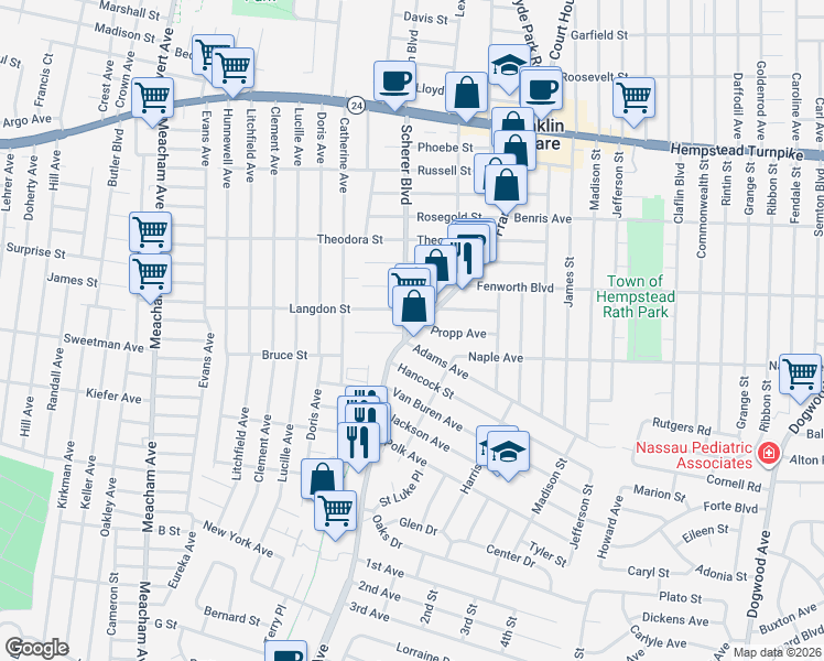 map of restaurants, bars, coffee shops, grocery stores, and more near 227 Scherer Boulevard in Franklin Square