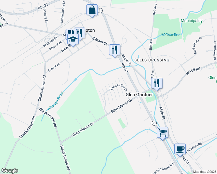map of restaurants, bars, coffee shops, grocery stores, and more near 1406 Spruce Hills Drive in Glen Gardner