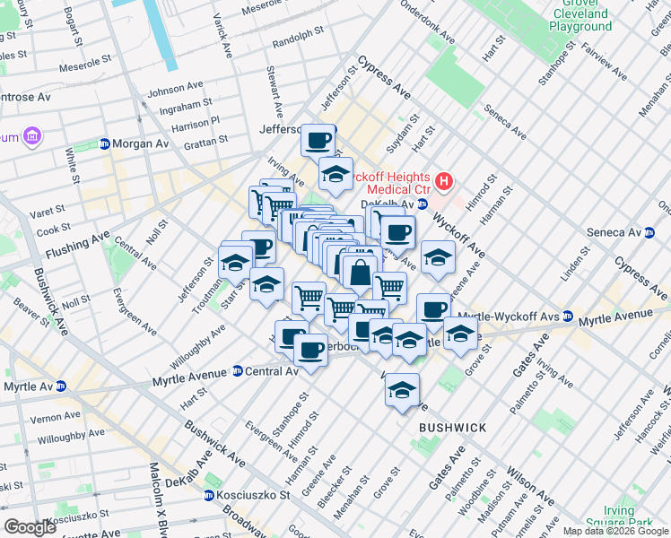 map of restaurants, bars, coffee shops, grocery stores, and more near 342 Knickerbocker Avenue in Brooklyn