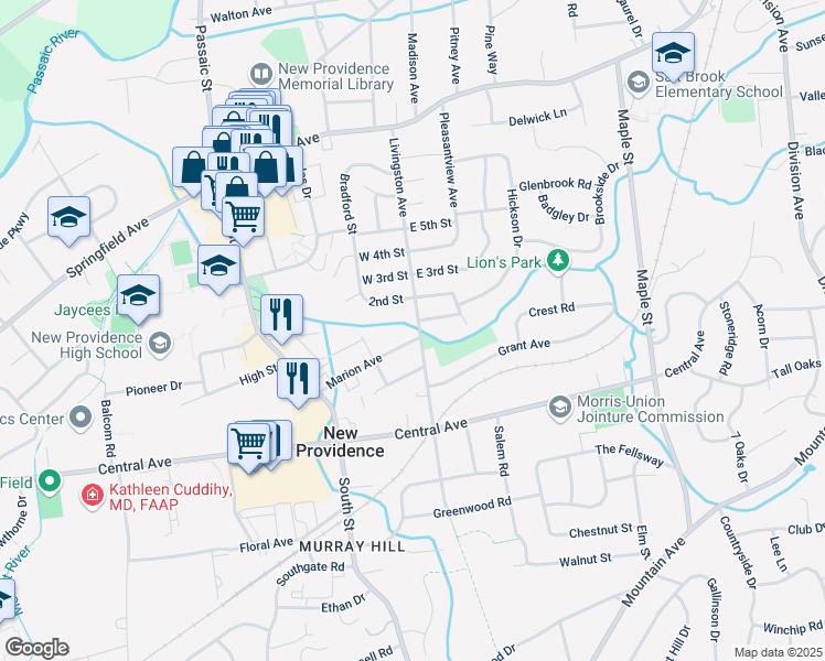 map of restaurants, bars, coffee shops, grocery stores, and more near 190 Livingston Avenue in New Providence