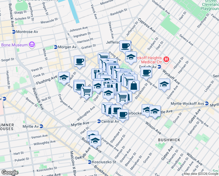 map of restaurants, bars, coffee shops, grocery stores, and more near 1117 Willoughby Avenue in Brooklyn