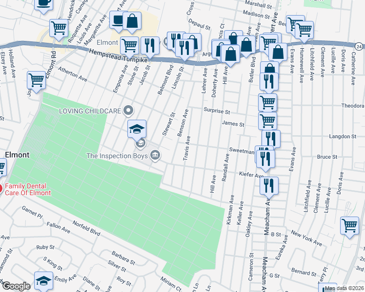 map of restaurants, bars, coffee shops, grocery stores, and more near 1543 Sweetman Avenue in Elmont