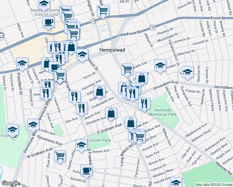 map of restaurants, bars, coffee shops, grocery stores, and more near 148 Greenwich Street in Hempstead