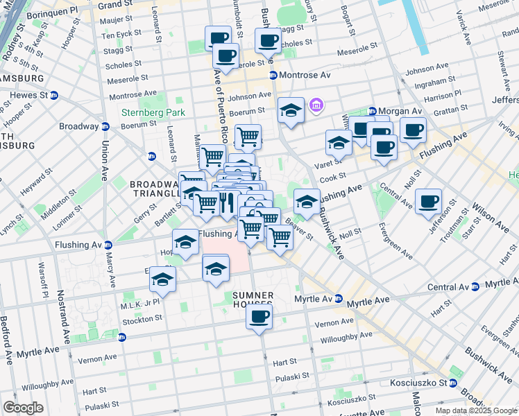 map of restaurants, bars, coffee shops, grocery stores, and more near 793 Flushing Avenue in Brooklyn