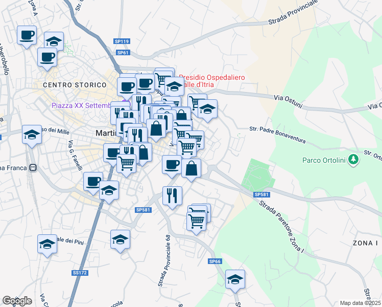 map of restaurants, bars, coffee shops, grocery stores, and more near 40 Via del Tocco in Martina Franca