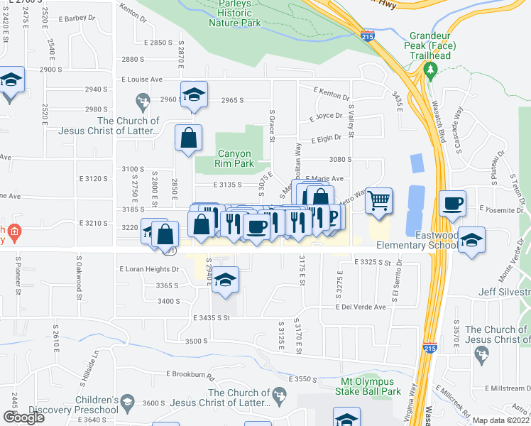 map of restaurants, bars, coffee shops, grocery stores, and more near 3199 South 3075 East in Salt Lake City