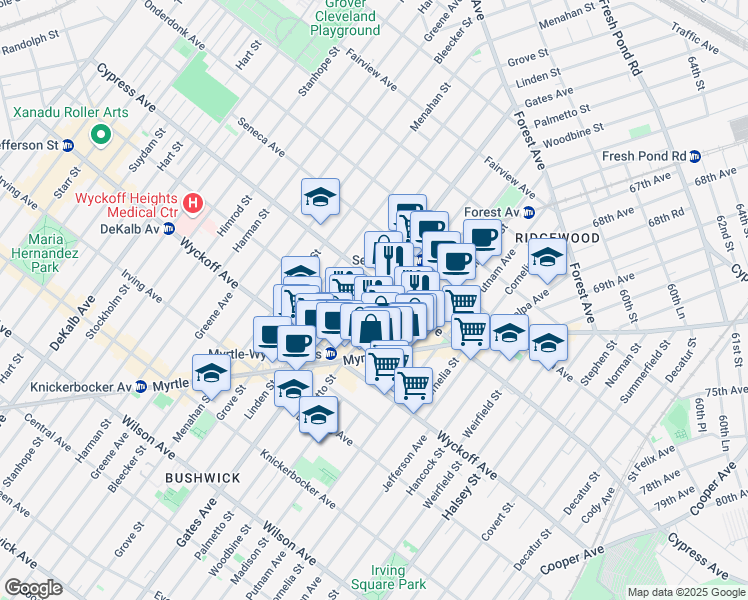 map of restaurants, bars, coffee shops, grocery stores, and more near 16-84 Gates Avenue in Queens