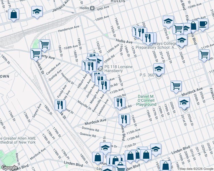 map of restaurants, bars, coffee shops, grocery stores, and more near 111-53 Farmers Boulevard in Queens