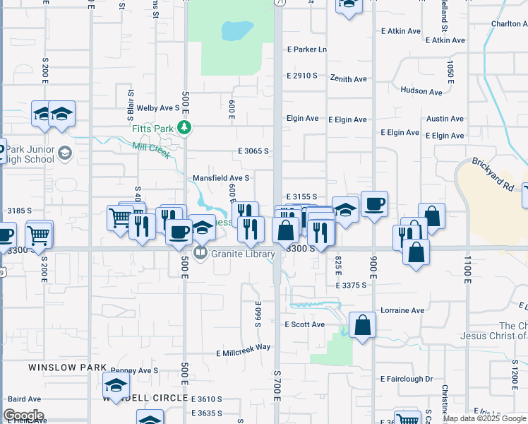 map of restaurants, bars, coffee shops, grocery stores, and more near 655 East Springview Drive in South Salt Lake