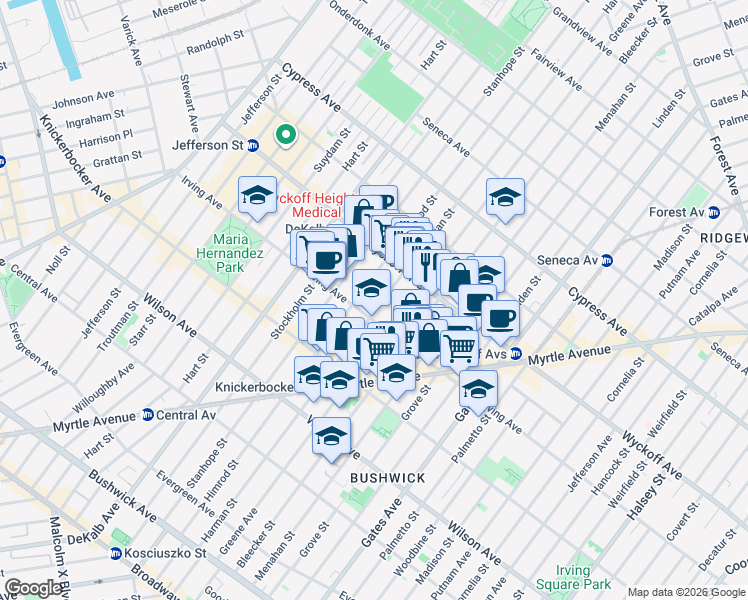 map of restaurants, bars, coffee shops, grocery stores, and more near 1395 Greene Avenue in Brooklyn