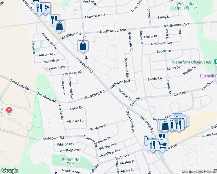 map of restaurants, bars, coffee shops, grocery stores, and more near 1 Northgate Boulevard in Easton