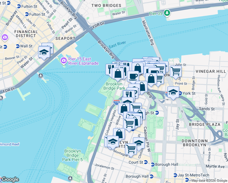 map of restaurants, bars, coffee shops, grocery stores, and more near 90 Furman Street in Brooklyn