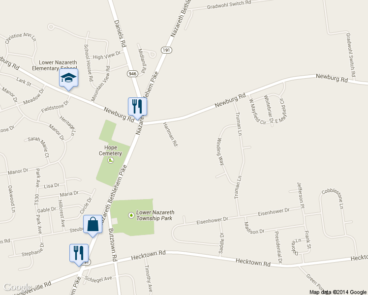 map of restaurants, bars, coffee shops, grocery stores, and more near 384 Hartman Rd in Bethlehem