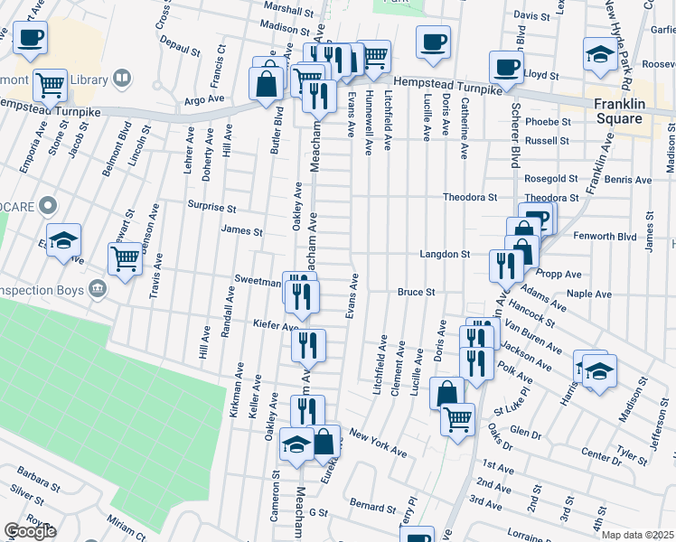 map of restaurants, bars, coffee shops, grocery stores, and more near 1311 Times Avenue in Elmont