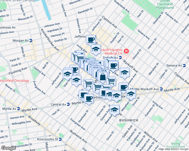 map of restaurants, bars, coffee shops, grocery stores, and more near 342 Knickerbocker Avenue in Brooklyn