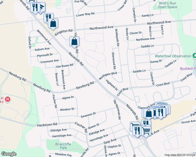 map of restaurants, bars, coffee shops, grocery stores, and more near 1 Northgate Boulevard in Easton