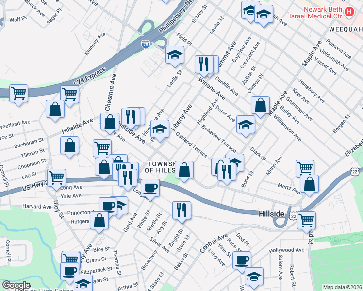 map of restaurants, bars, coffee shops, grocery stores, and more near 1425 Highland Avenue in Hillside