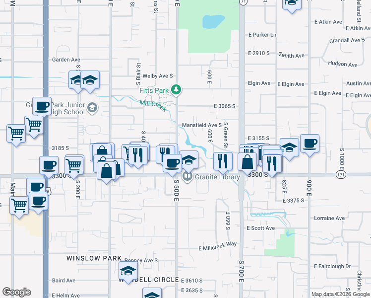 map of restaurants, bars, coffee shops, grocery stores, and more near 3210 South 540 East in South Salt Lake