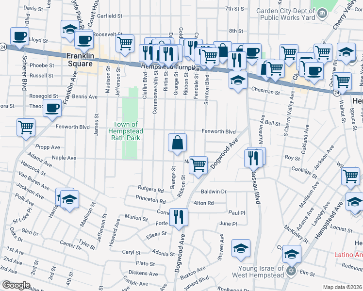 map of restaurants, bars, coffee shops, grocery stores, and more near 249 Ribbon Street in Franklin Square