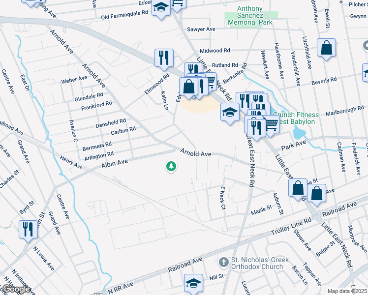 map of restaurants, bars, coffee shops, grocery stores, and more near 188 Arnold Avenue in West Babylon