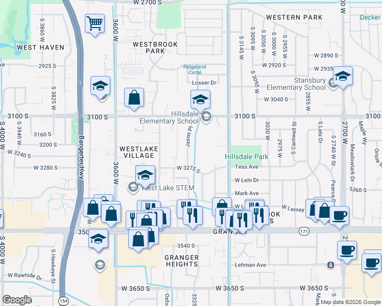 map of restaurants, bars, coffee shops, grocery stores, and more near 3225 Jason Place in West Valley City